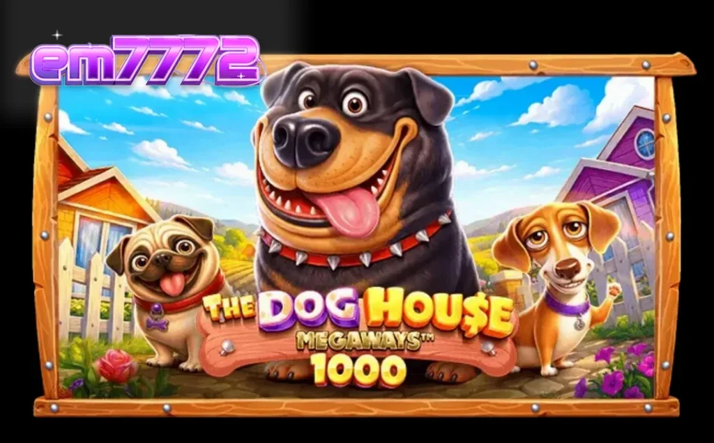 Tampilan visual The Dog House Megaways 1000 dengan karakter anjing yang ceria